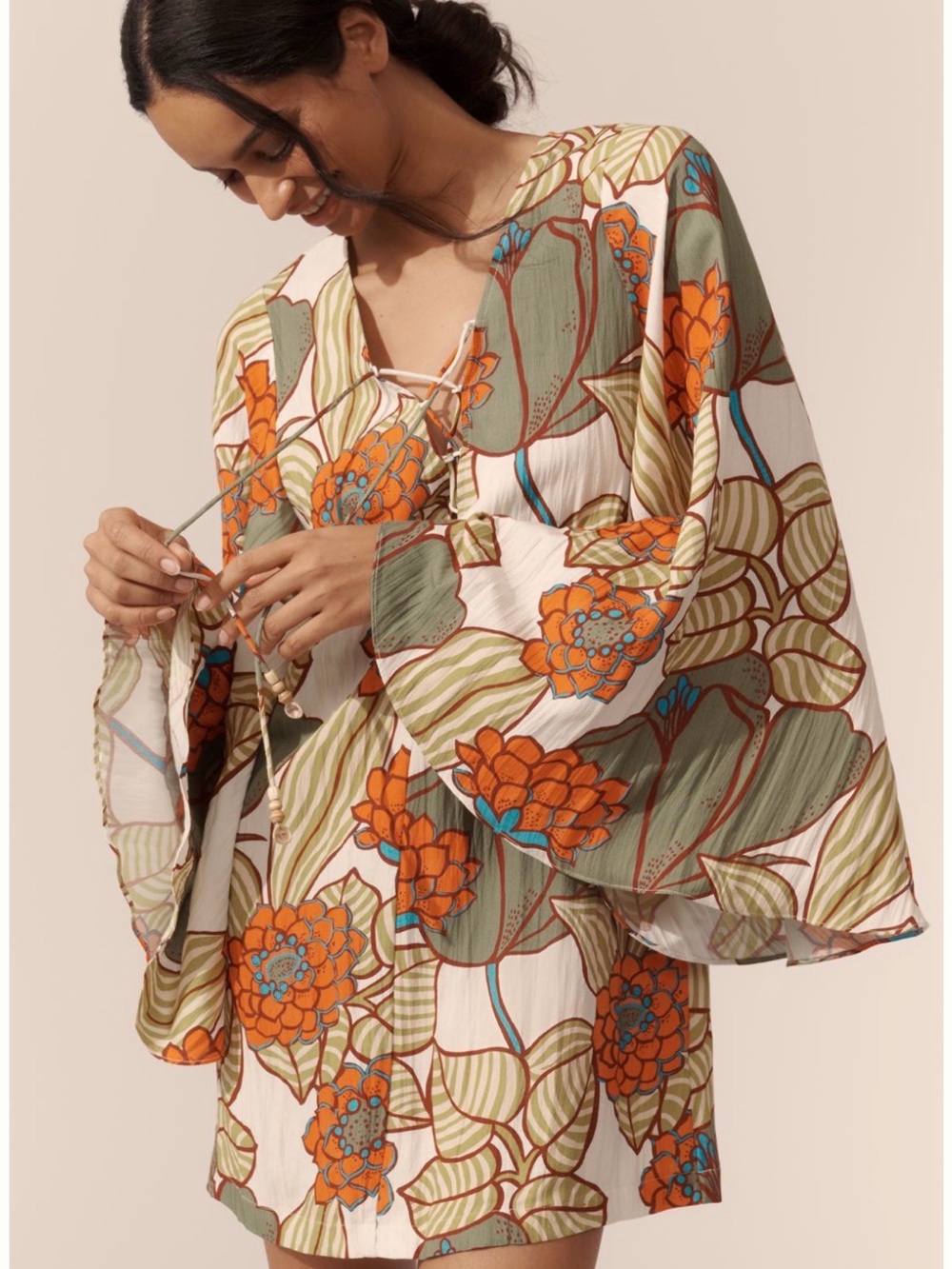 Traffic People Orange Floral Tie-Front Mini Dress on Cream - Picture 2 of 6